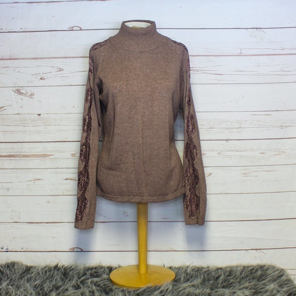 Soft Surroundings Brown Mock Neck Turtleneck Long Sleeve Lace Detail‎ Sweater